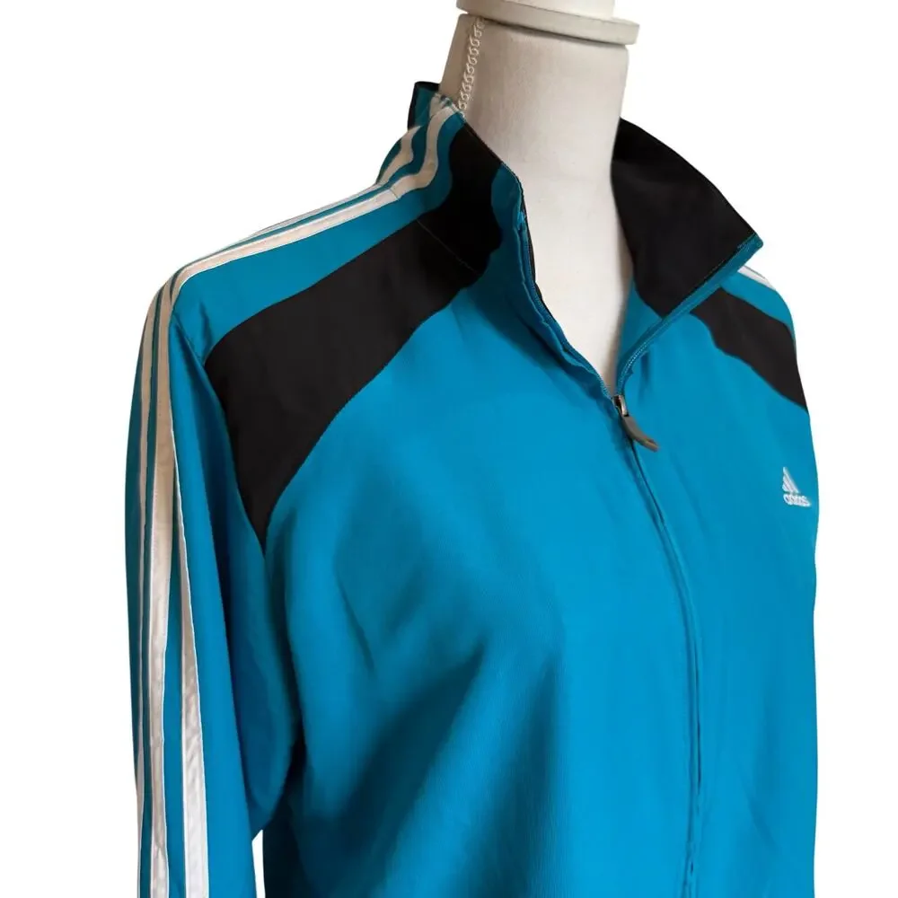 Adidas Jacket Women's Large Blue Black Track Windbreaker Warm Up Woven